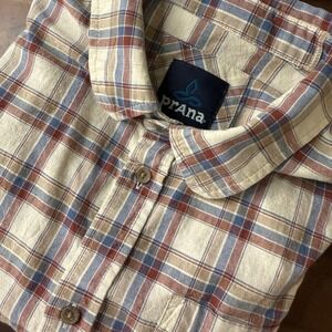Prana Mens Large Plaid‎ Short Sleeve Button Up Shirt Organic Cotton